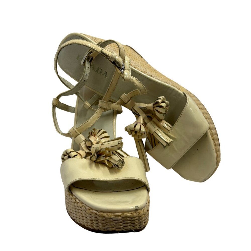 Prada Flower Patent Leather Woven Wedges - Picture 4 of 7
